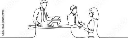 Continuous one line drawing Clerks Providing Service to Customers. Banking concept. one line Art icon drawing vector