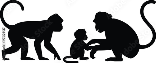 Silhouette of three monkeys interacting, symbolizing family bond, social behavior, and primate companionship on white background