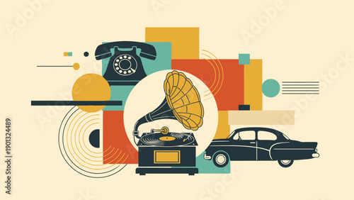 Vintage retro collage with gramophone and classic car