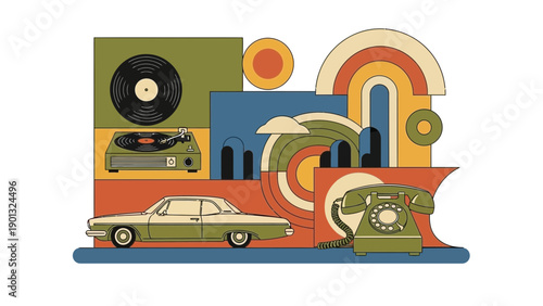 Vintage items in a colorful composition