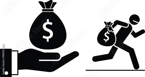Hand holding dollar money bag and thief stealing cash sack running away icon set, cad drawing flat vector illustration.