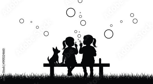 Silhouette of two little girls sitting on park bench blowing soap bubbles with pet dog on grass field, cad drawing flat vector illustration.