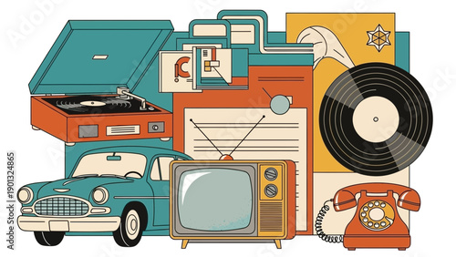 Vintage items including car, record player, TV, and phone