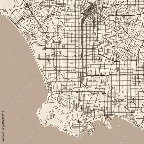 Los Angeles City Map discover a sepia toned grid meticulously crafted with sharp lines pure monochrome tones and a distinct blueprint feel captivating with its refined elegance, emphasizing refined.