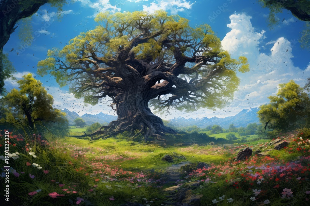 Fototapeta premium Lush green meadow with vibrant wildflowers leading to a majestic old tree under a bright blue sky