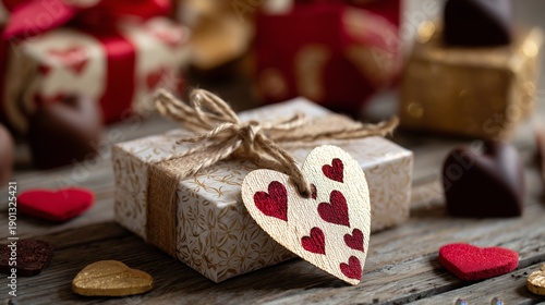 Wallpaper Mural Gift box with heart tag and chocolate on wooden table during festive occasion Torontodigital.ca