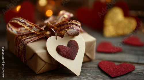 Wallpaper Mural Gift with heart tag and decorative ribbon placed among red and golden hearts for celebration Torontodigital.ca