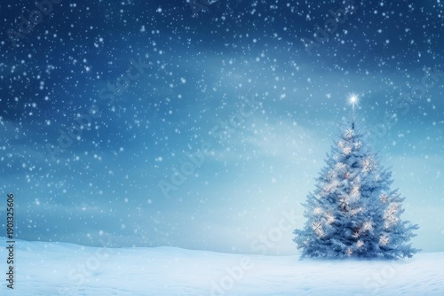 Wallpaper Mural Decorated christmas tree illuminating a serene snowy landscape under a blue sky with falling snow Torontodigital.ca