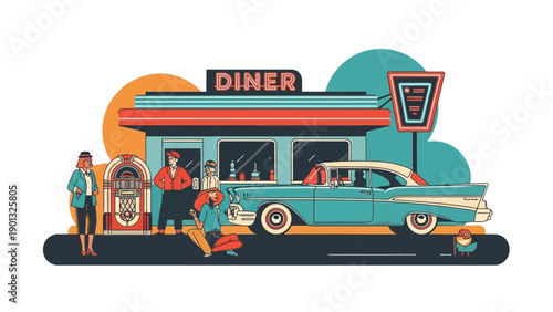 Vintage diner scene with classic car and people