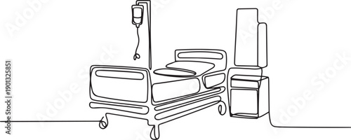 Single one line drawing Hospital room interior with bed and clinic equipment. An empty hospital room concept. one line Art icon drawing vector