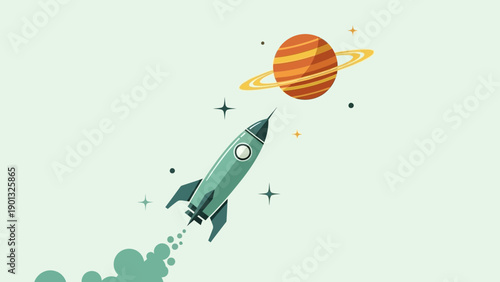 Rocket soars into space near vibrant planet with stunning rings