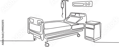 Single one line drawing Hospital room interior with bed and clinic equipment. An empty hospital room concept. one line Art icon drawing vector