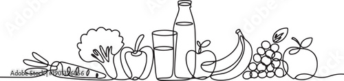 Continuous one line drawing Healthy food concept. Vegetables, fruits and milk. one line Art icon drawing vector