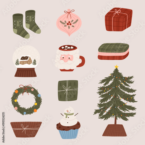 Christmas holiday icon set. Large Christmas illustration icon set with decorations, food, trees and cozy winter holiday elements. Vector hand drawn illustration.