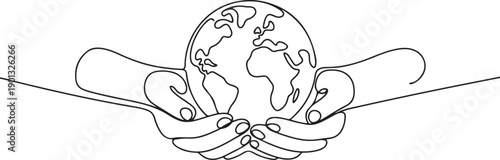 Continuous one-line drawing hands protect the earth. World population day concept. one line Art icon drawing vector