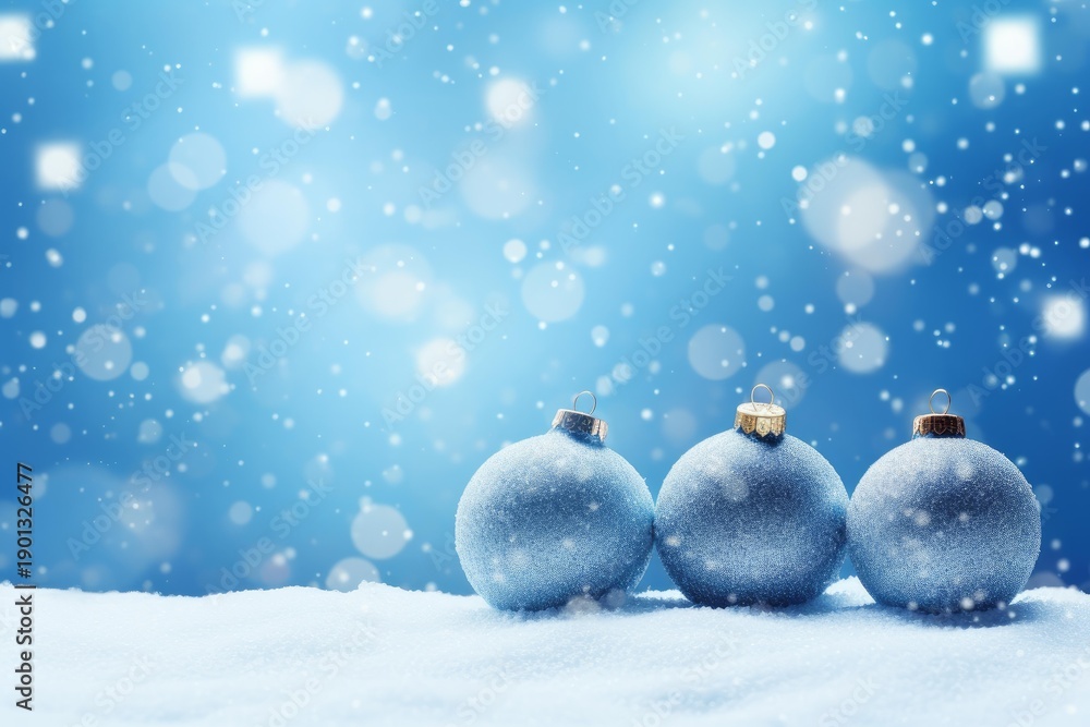 Fototapeta premium Three frosted blue christmas ornaments resting on snow with falling snow elements and bokeh lights