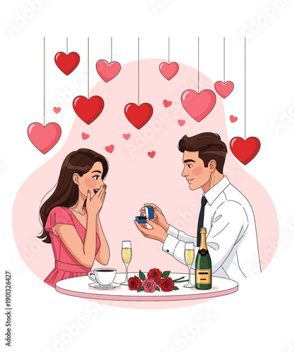 Romantic illustration depicts a surprised woman accepting a marriage proposal from a man holding an open ring box during a special celebration.