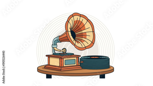 Vintage gramophone with vinyl records on wooden table
