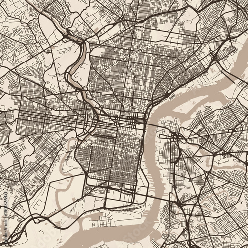 Philadelphia City Map discover the meticulous detail of minimalist street layouts where subtle sepia tones evoke a timeless urban atmosphere, emphasizing refined linework, with balanced composition.