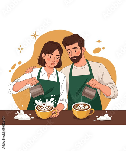 Two dedicated baristas wearing green aprons collaborate closely while skillfully pouring steamed milk to create intricate heart latte art designs.