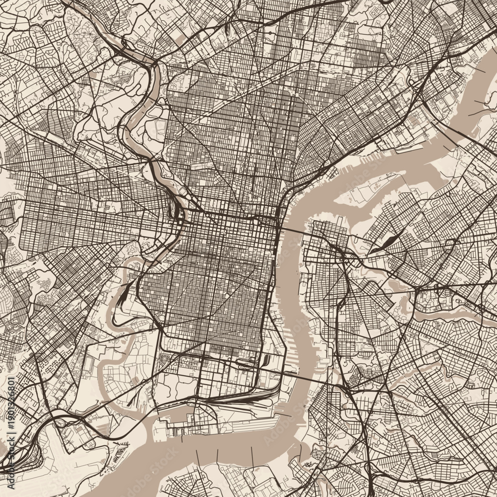 Obraz premium Philadelphia City Map discover the elegance of refined linework structured urban grid and subtle monochrome aesthetics in this sepia inspired vector file, emphasizing refined linework.
