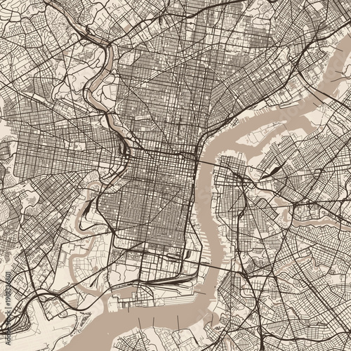 Philadelphia City Map discover the elegance of refined linework structured urban grid and subtle monochrome aesthetics in this sepia inspired vector file, emphasizing refined linework.