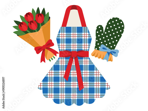 A blue and white plaid apron with a red ribbon and bouquet of flowers with oven mitts on a white background