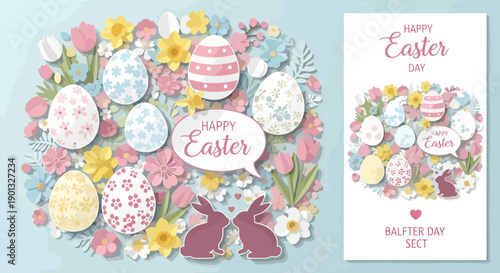 Easter day card or gift tag vector templates, floral arrangement with eggs and bow, for banner or poster