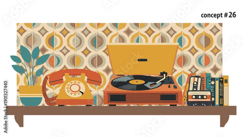 Retro shelf with vintage phone and record player
