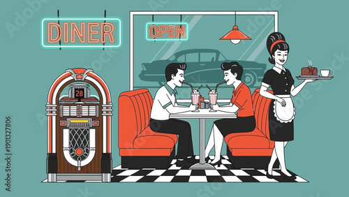 Vintage diner scene with couple enjoying milkshakes