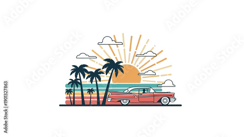 Vintage car parked under palm trees at sunset