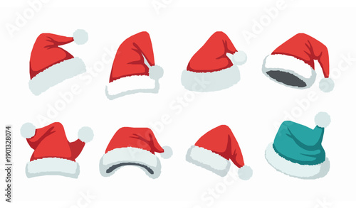 Playful cartoon Santa hat collection with cheerful holiday decorations in vector style