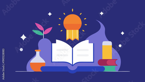 Open book with award medal, science elements and study tools on a dark background. National read across America day