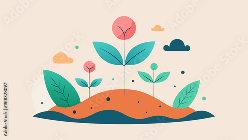 Colorful illustration of young plants growing on a mound of soil with clouds and abstract shapes in the background, representing nature and growth concepts