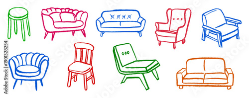 Sofa Chair Couch Furniture Related Icons Crayon Chalk Drawing Doodle Vector Set