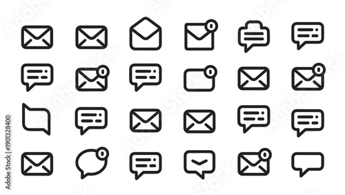 Collection of 25 black-and-white icons representing email and communication symbols.