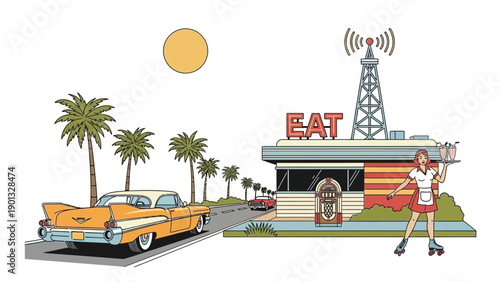 Vintage diner scene with waitress on roller skates serving milkshakes