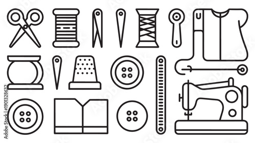 Collection of black-and-white line icons representing sewing and tailoring tools.