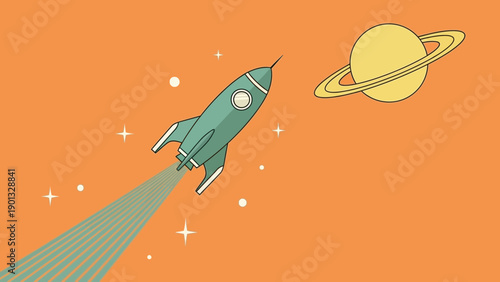 Rocket soars through vibrant space towards distant planet with rings