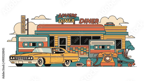 Vintage diner scene with classic car and retro items