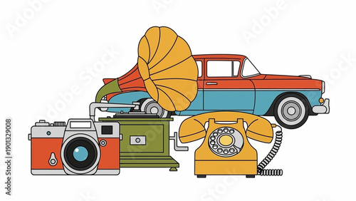 Vintage camera, gramophone, phone, and classic car illustration