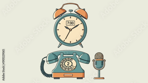 Vintage phone, alarm clock, and microphone in nostalgic setup