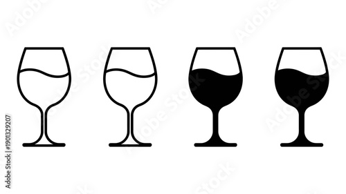 A set of four wine glasses in different states of fullness in a simple vector design