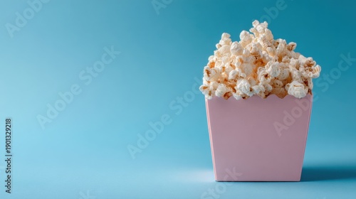 a pink box filled with popcorn on a blue background
