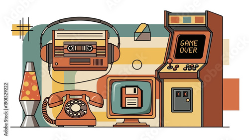 Vintage retro technology collection with arcade machine and cassette