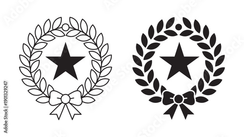 A minimalist vector graphic illustration of two laurel wreaths with stars and bows in black and white