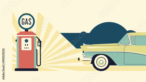 Vintage car refueling at classic gas pump station