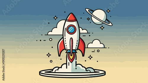 Stunning cartoon rocket launching into space with planet