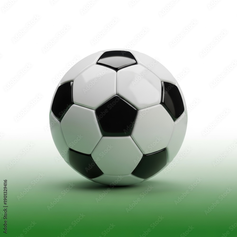 Naklejka premium A classic black and white soccer ball resting on a verdant green field