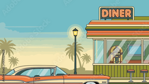 Vintage diner with classic car parked outside at sunset